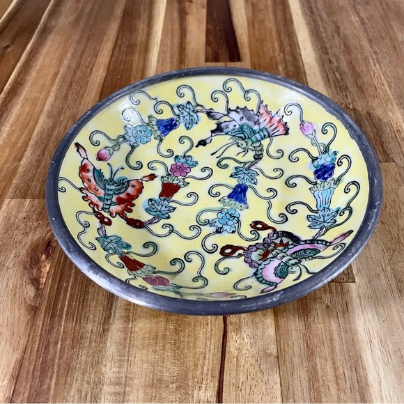 VTG Japanese Porcelain Ware Hand painted Dish Encased in Pewter Neiman Marcus - Picture 2 of 8